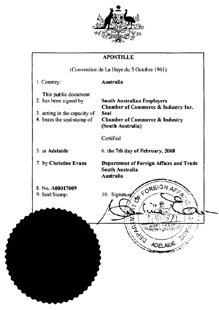 由澳大利亚外交贸易部签署的《海牙认证公约》所规定的附带证明书.png